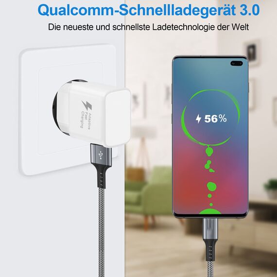 KAIMENGLONG Ladegerät Fast Charge Schnellladegerät Netzteil mit 2M USB Typ C Nylon Ladekabel für Samsung Galaxy S21 S21FE S21+ S20FE S20 Ultra S10 S9 S8/Note 10/9/8/A14 A34 A53 A54 (2er Pack)