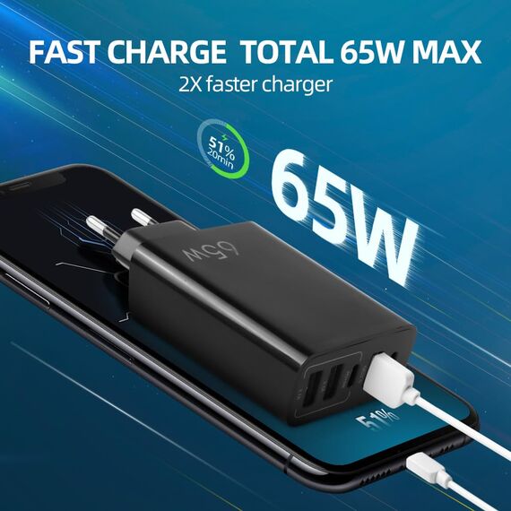 AXFEE 65W Multi USB C Ladegerät, 5 Ports Mehrfach Ladegerät mit USB-C und USB-A, 65W Schnellladegerät PD 3.0 Power Adapter USB Netzteil für i-Phone 17/16/15/14/13/Pro/Pro Max, Huawei(Schwarz)