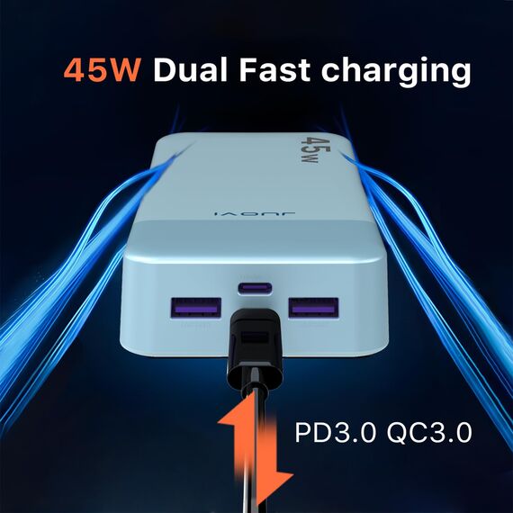 JUOVI Power Bank, 20000mAh 45W Tragbares Ladegerät, PD3.0 QC4.0 Schnelles Laden 4-Port mit LED Anzeige, Akkupack Ladegerät tragbar für MacBook, iPhone 15 14 13 Pro Samsung S23 S22 (Blau)