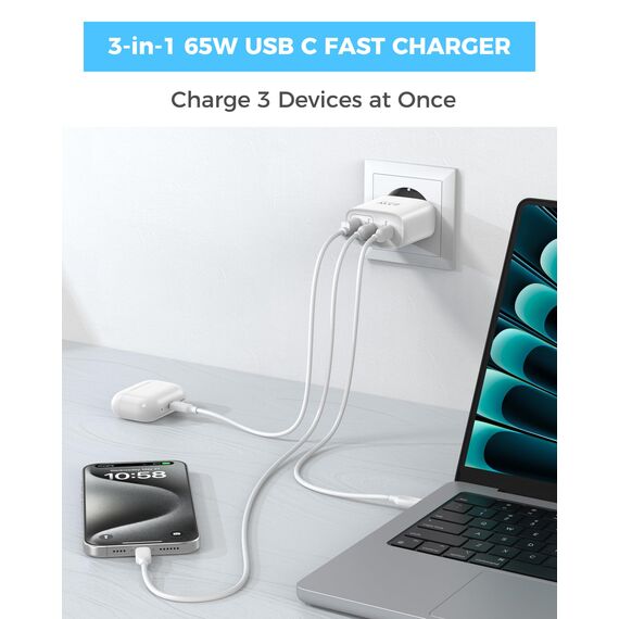 TOPADRE USB C Ladegerät 65W,2er-Pack 3-Port USB-C Netzteil mit Zwei 2M Ladekabel,Schnellladegerät PD Charger kompatibel mit MacBook Pro/Air, für iPad Pro/Air, für iPhone 16/15, Weiß