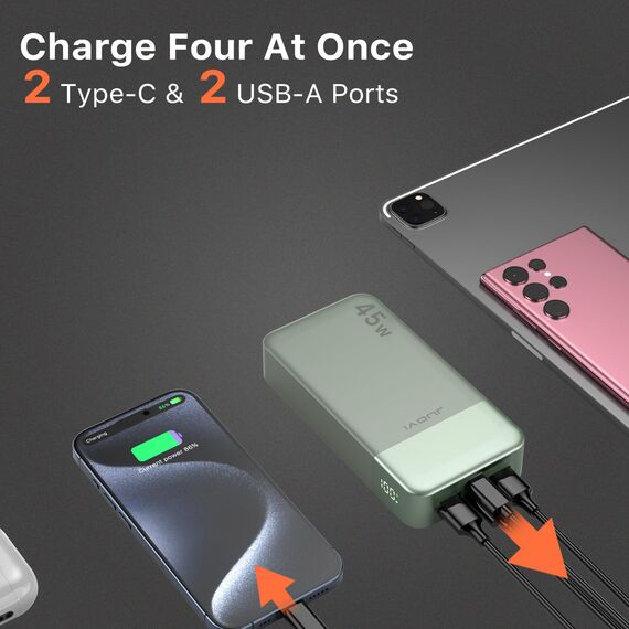 JUOVI Power Bank, 20000mAh 45W Tragbares Ladegerät, PD3.0 QC4.0 Schnelles Laden 4-Port mit LED Anzeige, Akkupack Ladegerät tragbar für MacBook, iPhone 15 14 13 Pro Samsung S23 S22 (Grün)