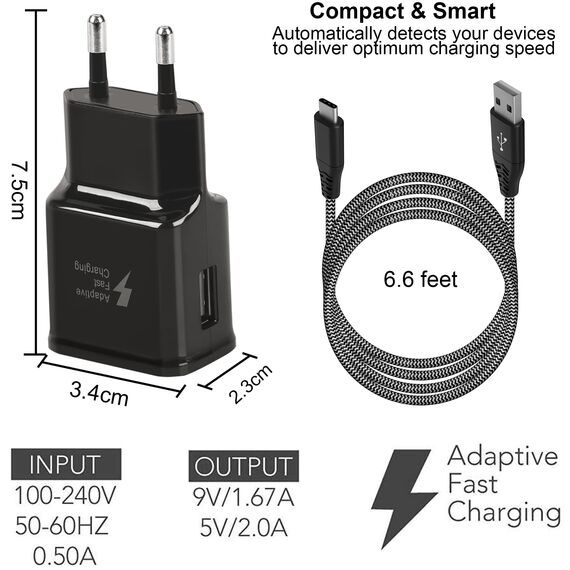 Adaptive Fast Ladegerät mit USB-C Nylon Schnellladekabel 2 M, Original-Fast-Ladung QC3.0 kompatibel mit Samsung Galaxy S8/S9/S10 Plus/S10e, S20/S21/S22/A51/A40/A30/A20/Z Flip3, Note 8/9/10 (2-Pack)