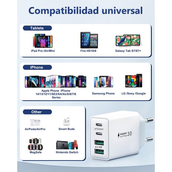 USB C Ladegerät mit 2M Kabel, 40W 4 Ports Schnellladegerät, Mehrfach Stecker Mit Power Adapter Fast Charger Netzteil für iPhone 14/14 Plus/14 Pro/14 Pro Max/13/12/11/X/XS MAX/XR/SE/8