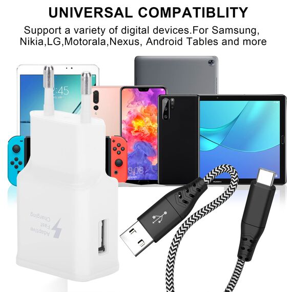 2-Pack Ladegerät mit Ladekabel Für Samsung Galaxy S8, S8+, S9, S9 Plus, S10, S10 Plus, S10e 5G, S20, S21, S22, A50, A51, A40, A30, Z Flip3, Fold2, 2m Typ C Nylon Schnellladekabel Schnellladegerät