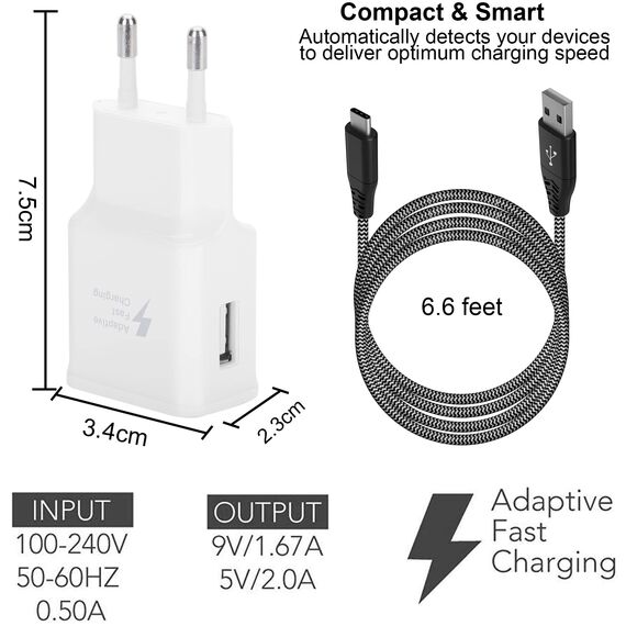 2-Pack Ladegerät mit Ladekabel Für Samsung Galaxy S8, S8+, S9, S9 Plus, S10, S10 Plus, S10e 5G, S20, S21, S22, A50, A51, A40, A30, Z Flip3, Fold2, 2m Typ C Nylon Schnellladekabel Schnellladegerät