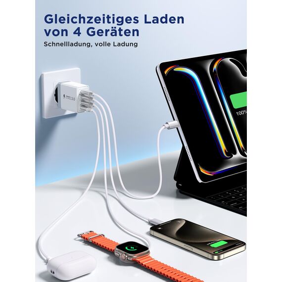 USB C Ladegerät, 4 Ports PD+QC Ladegerät Mehrfach mit USB-C und USB-A, 40W Schnellladegerät USB C Adapter USB-Netzteil für iPhone 16 15 14 Pro Max 13 12 11, Samsung, Handy, iPad, USBC Stecker Charger