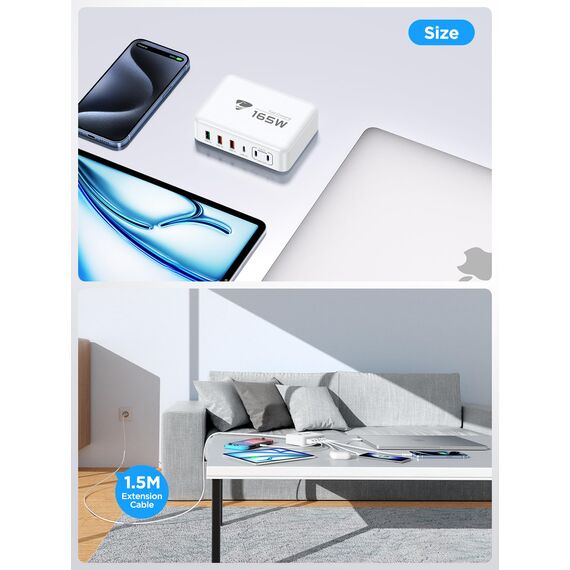 USB C Ladegerät, 165W 6-Port USB Mehrfach Ladegerät, 100W Schnellladegerät USB C PD 3.0 Power Adapter, USB Netzteil für MacBook Pro/Air,iPhone 16/15/14/13,Samsung S24/S23