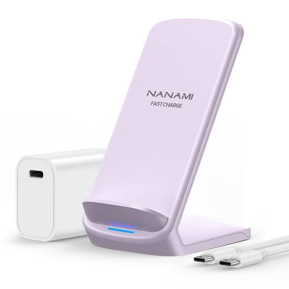 NANAMI Fast Wireless Charger, 15W Induktive Ladestation für Samsung Galaxy S26 S25 S24 S23 S22 Ultra Plus,Handy Ständer (mit 20W USB ladegerät PD Adapter) für iPhone 17 16 15 14 13 12 11 Pro Max XR