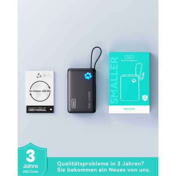 INIU 45W Power Bank, Mini-Größe 10000mAh PowerBank mit Integriertem USB-C Kabel, Schnellladen Externe Handyakkus USB C In&Out, Klein Aber Stark für iPhone 17 16 15 14 Xiaomi Mini Samsung iPad