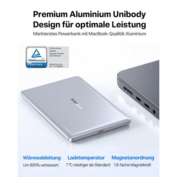 TORRAS MiniMag Ultra Slim Powerbank für Magsafe, 18W Schnellladen 5000mAh Magnetische Powerbank Klein, Wireless Externe Akkupack mit USB-C-Kabel für iPhone 17 Pro Max/Air/16/15/14/13/12, Silber Titan.