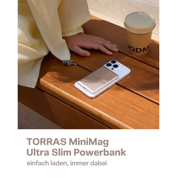 TORRAS MiniMag Ultra Slim Powerbank für Magsafe, 18W Schnellladen 5000mAh Magnetische Powerbank Slim, Wireless Externe Akkupack mit USB-C-Kabel für iPhone 17 Pro Max/Air/16/15/14/13/12, Wüsten Titan.