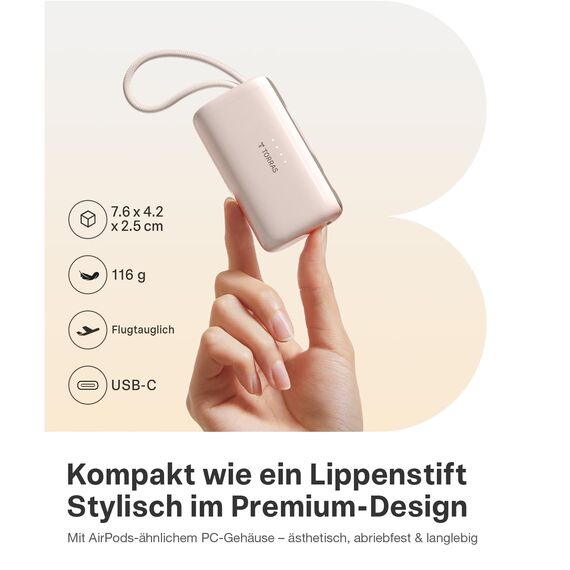 TORRAS Mini Powerbank 5000mAh, 22.5W PD3.0 Schnellladen Power Bank Klein mit integriertem USB-C Kabel, Kompatibel für iPhone 17/16/15 Serie, Samsung s26/s25, Google, iPad Pro/Air, AirPods-Wüste Titan