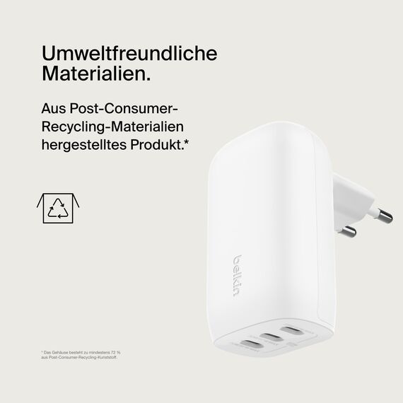 Belkin BoostCharge USB-C-Ladegerät mit DREI Anschlüssen und PPS (67 W) PD 3.1-fähiges iPhone-Schnellladegerät für die iPhone 17, Air, iPhone 16, MacBook Pro, AirPods, Galaxy USB-C/Typ C-Kabel