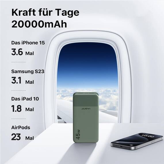 JUOVI Tragbare Powerbank 20000mAh Schnellladefunktion, 45W Akku Pack Power Bank Schnellladen 2 USB-C 2 USB-A mit LED-Anzeige, Akkubank Kompatibel mit Smartphone, Laptop, Tablet, Notebook J2621 (Grün)