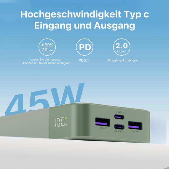 JUOVI Tragbare Powerbank 20000mAh Schnellladefunktion, 45W Akku Pack Power Bank Schnellladen 2 USB-C 2 USB-A mit LED-Anzeige, Akkubank Kompatibel mit Smartphone, Laptop, Tablet, Notebook J2621 (Grün)