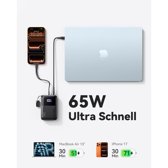 INIU Laptop Power Bank, Klein 65W PD3.0 20000mAh Hochkapazität Powerbank, USB-C EIN & Ausgang Externer Akku Kompatibel mit MacBook Pro, Steam Deck, iPhone 17 16 15 Pro, Samsung S22, iPad Pro usw.