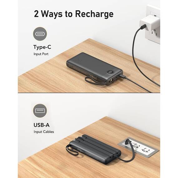 VEEKTOMX Powerbank 20000mAh Power Bank mit integrierten Kabeln USB C Externe Handyakkus mit 5 Ausgängen & 2 Eingängen Reise Gadgets Akkupack Kompatibel mit iPhone, Samsung