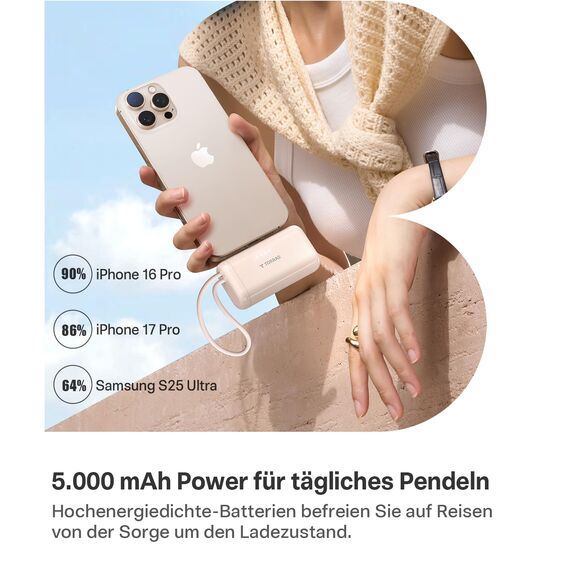 TORRAS Mini Powerbank 5000mAh, 22.5W PD3.0 Schnellladen Power Bank Klein mit integriertem USB-C Kabel, Kompatibel für iPhone 17/16/15 Serie, Samsung s26/s25, Google, iPad Pro/Air, AirPods-Wüste Titan