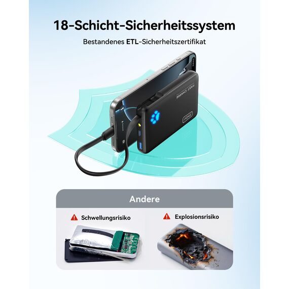 INIU 45W Power Bank, Mini-Größe 10000mAh PowerBank mit Integriertem USB-C Kabel, Schnellladen Externe Handyakkus USB C In&Out, Klein Aber Stark für iPhone 17 16 15 14 Xiaomi Mini Samsung iPad