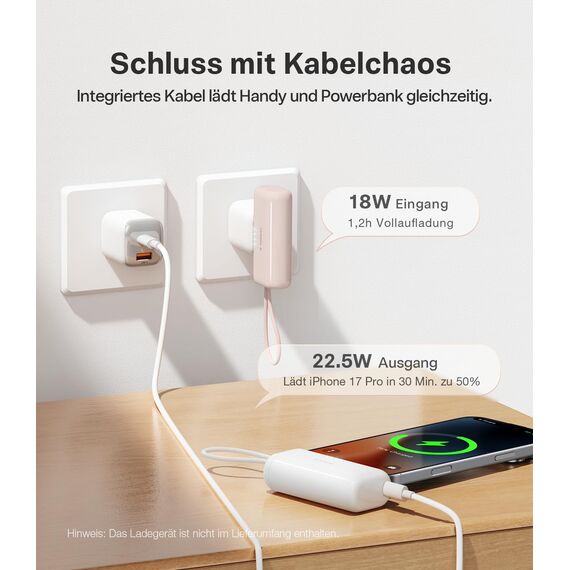 TORRAS Mini Powerbank 5000mAh, 22.5W PD3.0 Schnellladen Power Bank Klein mit integriertem USB-C Kabel, Kompatibel für iPhone 17/16/15 Serie, Samsung s26/s25, Google, iPad Pro/Air, AirPods-Wüste Titan