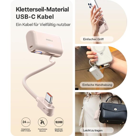 TORRAS Mini Powerbank 5000mAh, 22.5W PD3.0 Schnellladen Power Bank Klein mit integriertem USB-C Kabel, Kompatibel für iPhone 17/16/15 Serie, Samsung s26/s25, Google, iPad Pro/Air, AirPods-Wüste Titan