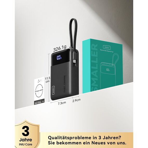INIU 45W Power Bank, Ultra Klein 20000mAh Powerbank mit Integriertem USB C Kabel, Schnellladen Externe Handyakkus, Flugzeug Geeignet, Reise-Essential für iPhone 17 16 15, Samsung S22, Xiaomi, iPad etc