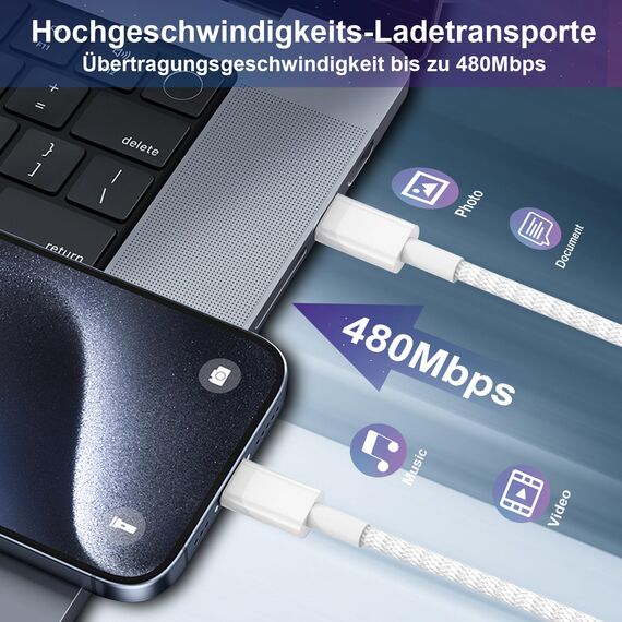 iPad Ladekabel 60W USB C auf C Grau geflochtenes 2M,ipad 10. Generation Ladekabel,Extra langes schnelles Typ C auf C für Apple iPhone16 15/ Pro Max/Plus MacBook Pro,iPad mini 6/Pro(2 Pack)