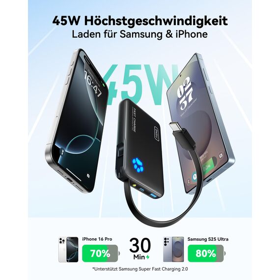 INIU 45W Power Bank, Mini-Größe 10000mAh PowerBank mit Integriertem USB-C Kabel, Schnellladen Externe Handyakkus USB C In&Out, Klein Aber Stark für iPhone 17 16 15 14 Xiaomi Mini Samsung iPad