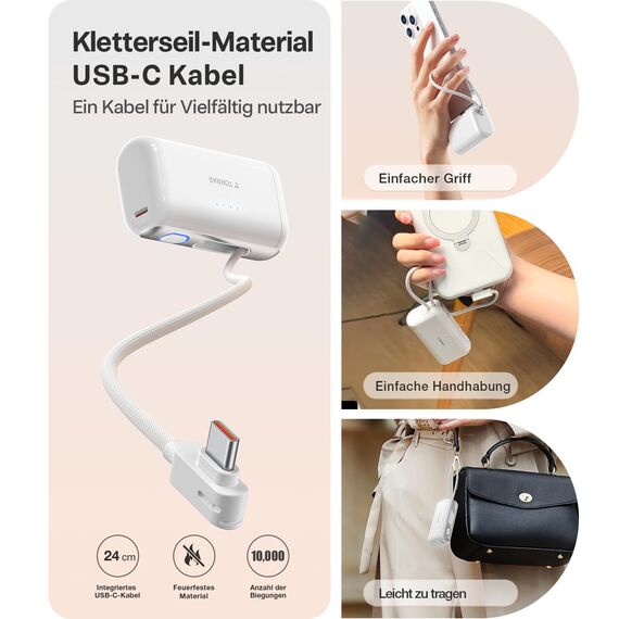 TORRAS Mini Powerbank 5000mAh, 22.5W PD3.0 Schnellladen Power Bank Klein mit integriertem USB-C Kabel, Kompatibel für iPhone 17/16/15 Serie, Samsung s26/s25, Google, iPad Pro/Air, AirPods-Perlweiß
