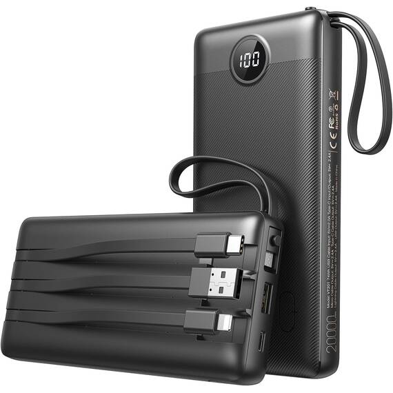 VEEKTOMX Powerbank 20000mAh Power Bank mit integrierten Kabeln USB C Externe Handyakkus mit 5 Ausgängen & 2 Eingängen Reise Gadgets Akkupack Kompatibel mit iPhone, Samsung