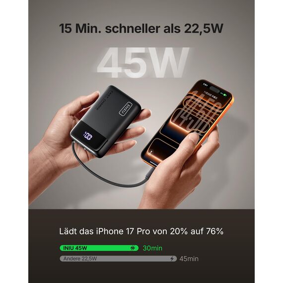 INIU 45W Power Bank, Ultra Klein 20000mAh Powerbank mit Integriertem USB C Kabel, Schnellladen Externe Handyakkus, Flugzeug Geeignet, Reise-Essential für iPhone 17 16 15, Samsung S22, Xiaomi, iPad etc