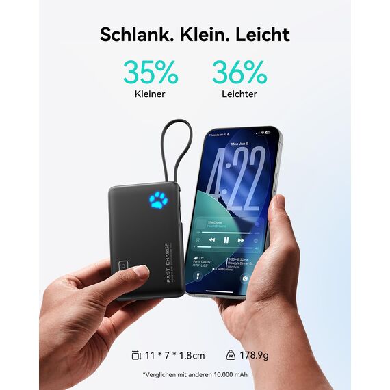 INIU 45W Power Bank, Mini-Größe 10000mAh PowerBank mit Integriertem USB-C Kabel, Schnellladen Externe Handyakkus USB C In&Out, Klein Aber Stark für iPhone 17 16 15 14 Xiaomi Mini Samsung iPad