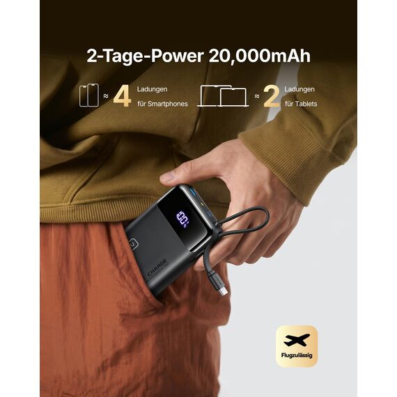 INIU 45W Power Bank, Ultra Klein 20000mAh Powerbank mit Integriertem USB C Kabel, Schnellladen Externe Handyakkus, Flugzeug Geeignet, Reise-Essential für iPhone 17 16 15, Samsung S22, Xiaomi, iPad etc