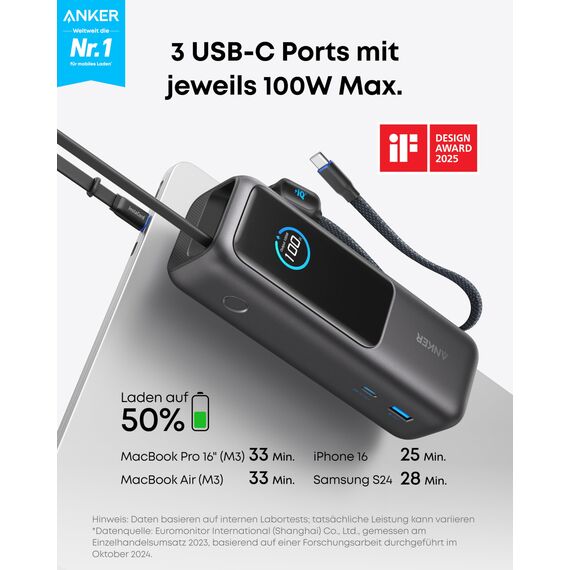 Anker Laptop Powerbank 165W 25000 mAh, Ladegerät mit 70cm ausziehbarem Kabel & Trageband, 3 USB-C Ports für Laden mehrerer Geräte, Für MacBook Pro, iPhone 17/16/15, Samsung und mehr (flugzeugtauglich)