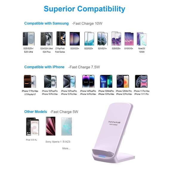 NANAMI Fast Wireless Charger, 15W Induktive Ladestation für Samsung Galaxy S26 S25 S24 S23 S22 Ultra Plus,Handy Ständer (mit 20W USB ladegerät PD Adapter) für iPhone 17 16 15 14 13 12 11 Pro Max XR