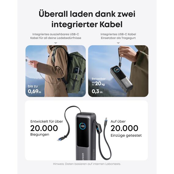 Anker Laptop Powerbank 165W 25000 mAh, Ladegerät mit 70cm ausziehbarem Kabel & Trageband, 3 USB-C Ports für Laden mehrerer Geräte, Für MacBook Pro, iPhone 17/16/15, Samsung und mehr (flugzeugtauglich)