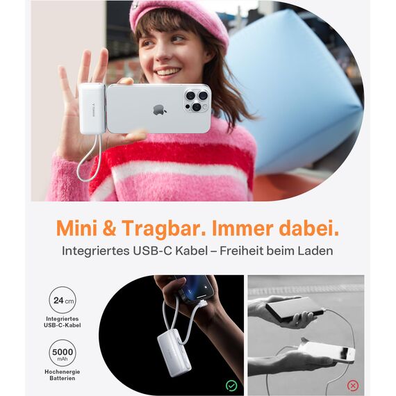 TORRAS Mini Powerbank 5000mAh, 22.5W PD3.0 Schnellladen Power Bank Klein mit integriertem USB-C Kabel, Kompatibel für iPhone 17/16/15 Serie, Samsung s26/s25, Google, iPad Pro/Air, AirPods-Perlweiß