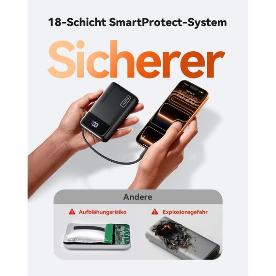 INIU 45W Power Bank, Ultra Klein 20000mAh Powerbank mit Integriertem USB C Kabel, Schnellladen Externe Handyakkus, Flugzeug Geeignet, Reise-Essential für iPhone 17 16 15, Samsung S22, Xiaomi, iPad etc