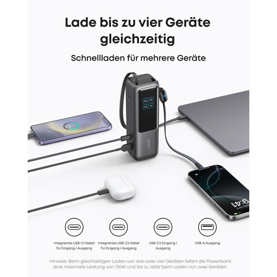Anker Laptop Powerbank 165W 25000 mAh, Ladegerät mit 70cm ausziehbarem Kabel & Trageband, 3 USB-C Ports für Laden mehrerer Geräte, Für MacBook Pro, iPhone 17/16/15, Samsung und mehr (flugzeugtauglich)