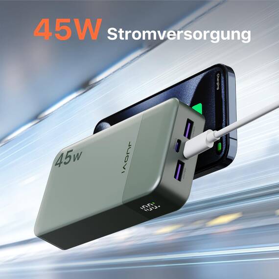 JUOVI Tragbare Powerbank 20000mAh Schnellladefunktion, 45W Akku Pack Power Bank Schnellladen 2 USB-C 2 USB-A mit LED-Anzeige, Akkubank Kompatibel mit Smartphone, Laptop, Tablet, Notebook J2621 (Grün)