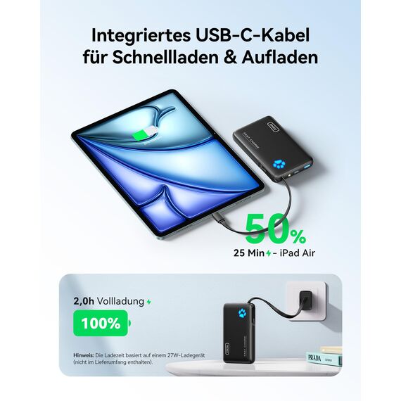 INIU 45W Power Bank, Mini-Größe 10000mAh PowerBank mit Integriertem USB-C Kabel, Schnellladen Externe Handyakkus USB C In&Out, Klein Aber Stark für iPhone 17 16 15 14 Xiaomi Mini Samsung iPad
