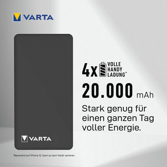 VARTA Power Bank 20000mAh, Powerbank Power on Demand mit 3 Anschlüssen (1x USB A, 2x USB C), kompatibel mit Tablets & Smartphone, in umweltschonender Verpackung