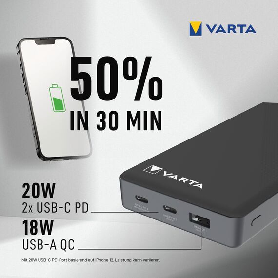 VARTA Power Bank 20000mAh, Powerbank Power on Demand mit 3 Anschlüssen (1x USB A, 2x USB C), kompatibel mit Tablets & Smartphone, in umweltschonender Verpackung