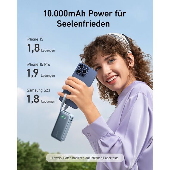Anker Nano Powerbank, 10.000mAh Powerbank mit integriertem USB-C Kabel, PD 30W Höchstleistung mit 1xUSB-C, 1xUSB-A, Für iPhone 17/16/15/14, MacBook, Galaxy, iPad, AirPods und mehr (Schwarz)