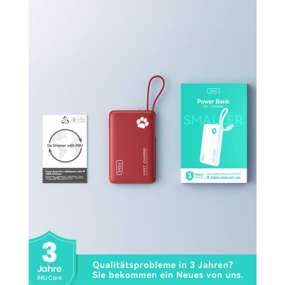 INIU 45W Power Bank, Mini-Größe 10000mAh PowerBank mit Integriertem USB-C Kabel, Schnellladen Externe Handyakkus USB C In&Out, Klein Aber Stark für iPhone 17 16 15 Xiaomi Mini Samsung, Rot