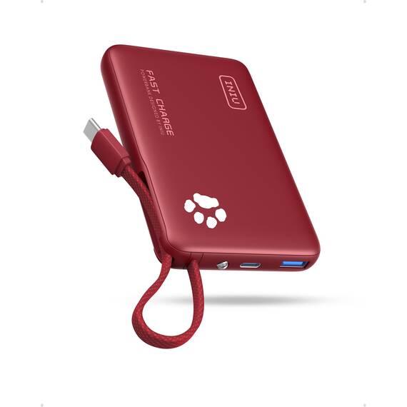 INIU 45W Power Bank, Mini-Größe 10000mAh PowerBank mit Integriertem USB-C Kabel, Schnellladen Externe Handyakkus USB C In&Out, Klein Aber Stark für iPhone 17 16 15 Xiaomi Mini Samsung, Rot