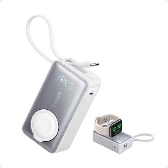 Anker MagGo Powerbank für Apple Watch, offiziell Zertifiziert, 10.000mAh kompaktes Akkupack mit integriertem USB-C-Kabel, 35W Max., für iPhone 17/16, iPhone 15 Serie, iPad, AirPods und mehr