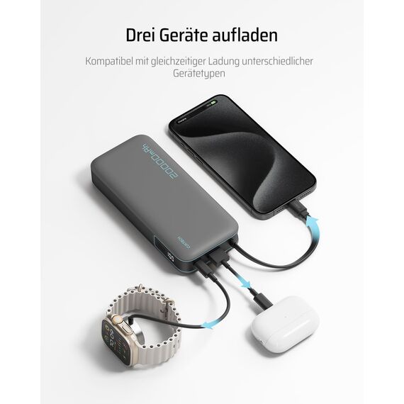 CUKTECH 20000mah Power Bank, 45W Powerbank mit Integriertem USB-C Kabel, Externe Handyakkus mit Schnellladefunktion, Externer Akku mit Digitales Display für iPhone 16/15 Pro Max, MacBook, Galaxy S25