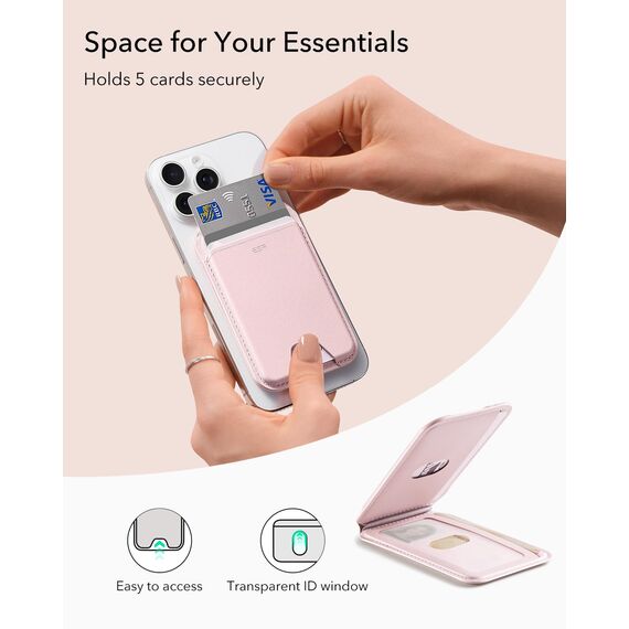 ESR Aura für MagSafe Wallet 5 Kartenhalter, RFID Schutz, Wallet mit Verstellbarem Ständer, für iPhone 17e/17/16/15/14/13/12 Serie, für Pixel 10/Pro/Pro XL, Nicht für 13/12 Mini, Kaugummirosa