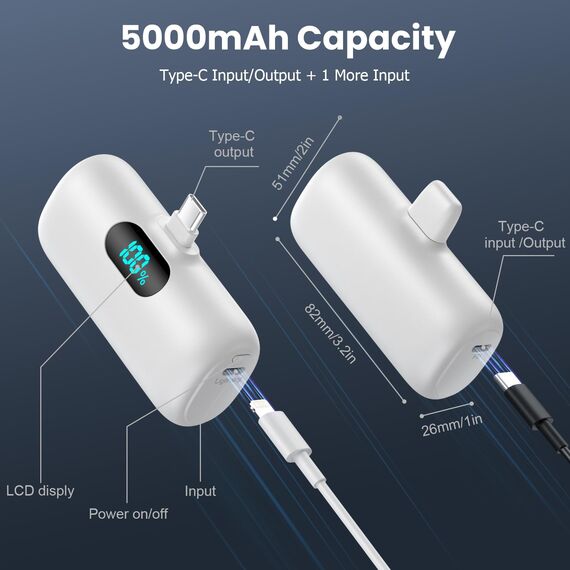 Feob Power Bank USB C 5000mAh, 15W PD 3.0A Schnelles Aufladen Powerbank Schlank LCD Display Extrener Akku Pack Kompatibel mit Samsung S23,S22/Note/Huawei/LG/Pixel/Nexus,USB-C-Telefone usw.[Weiß]